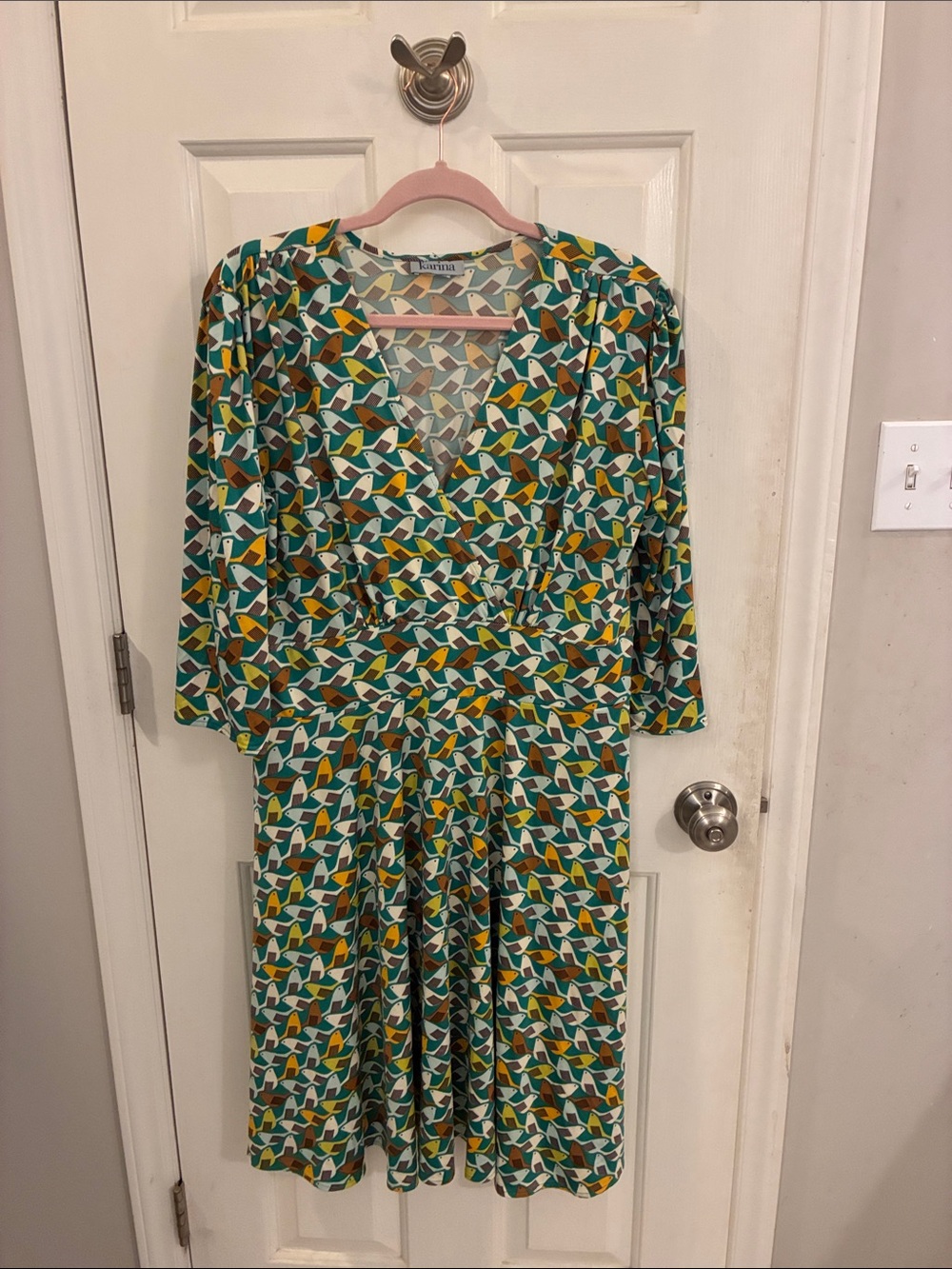Karina Meghan midi dress with retro geometric bird print in green, gold & brown